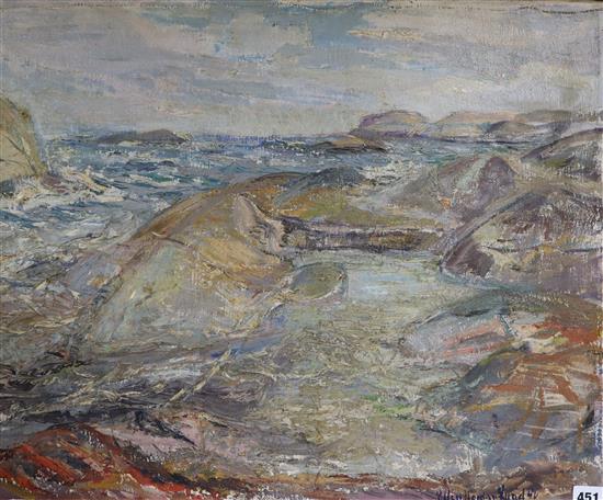 Ellen Oodean Lund, oil on canvas, Coastal landscape, signed and dated 46, 50 x 61cm, unframed
